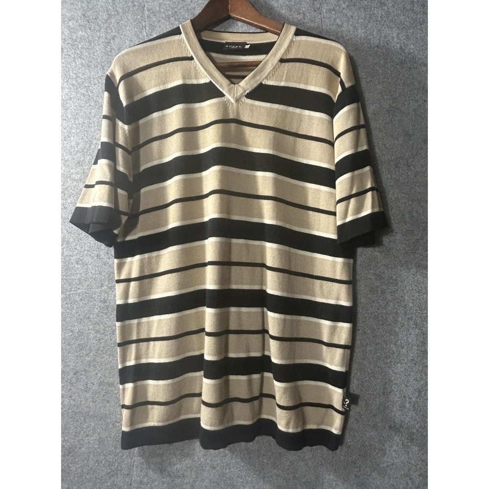 Vintage Y2K Guess V Neck Knit T Shirt XL USA Beige Navy Stripes 90s Mallcore - Picture 1 of 6